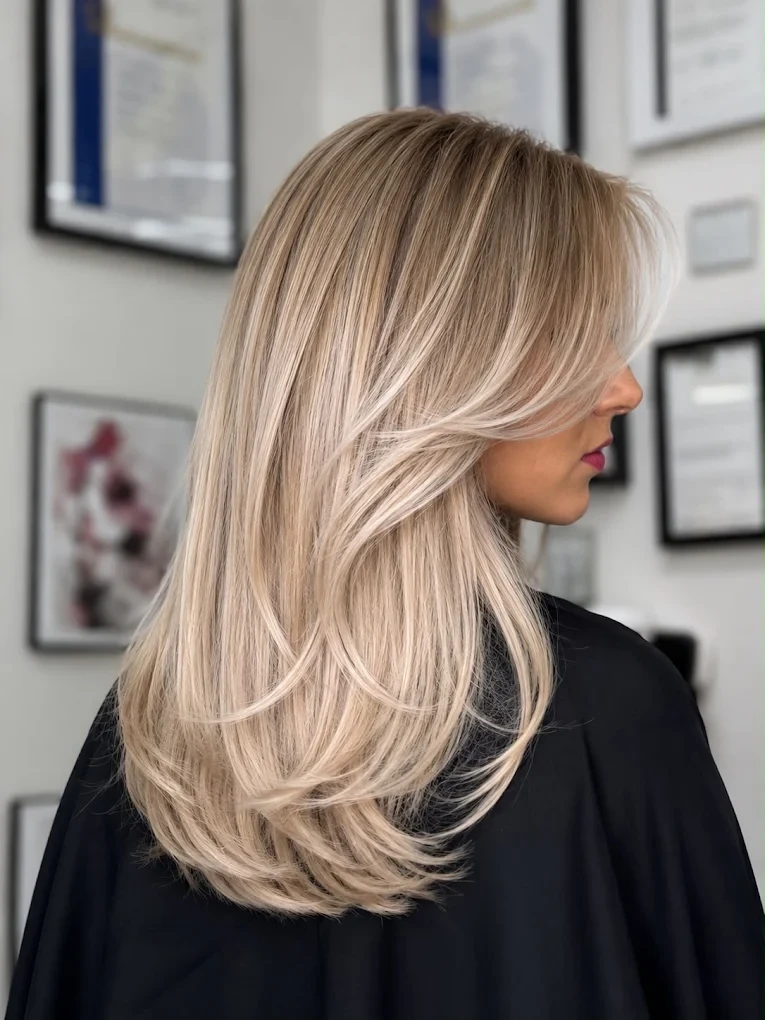 Blonde Haarfarbe mit sanften Stufen, gestylt bei Mimar’s